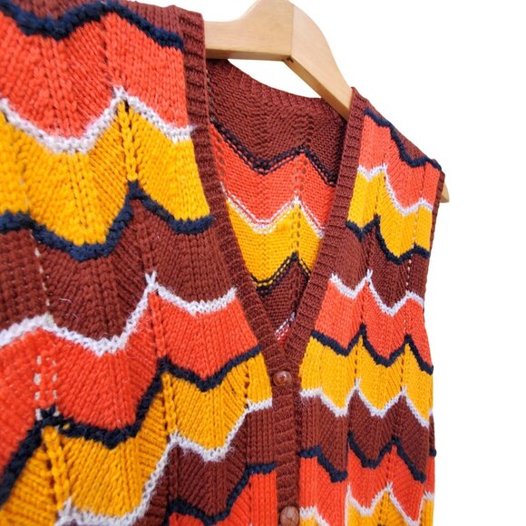 Vintage 70s Hand Knit Vest Retro Orange Chevron Sleeveless Sweater Hippie Boho M - Picture 2 of 11